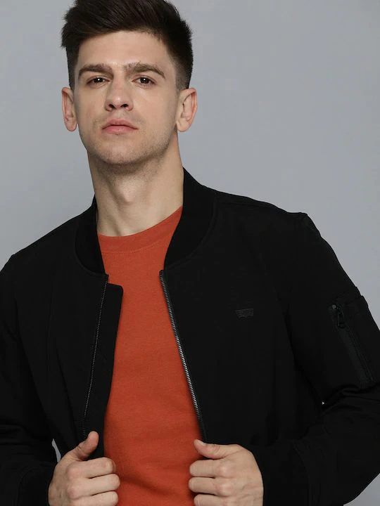 Men's Solid Band Neck Bomber Jacket - Image 4