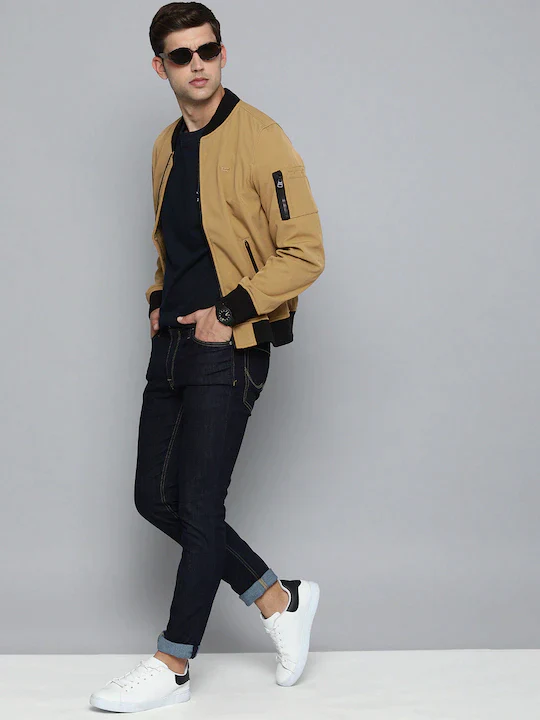 Men's Solid Band Neck Bomber Jacket - Image 2