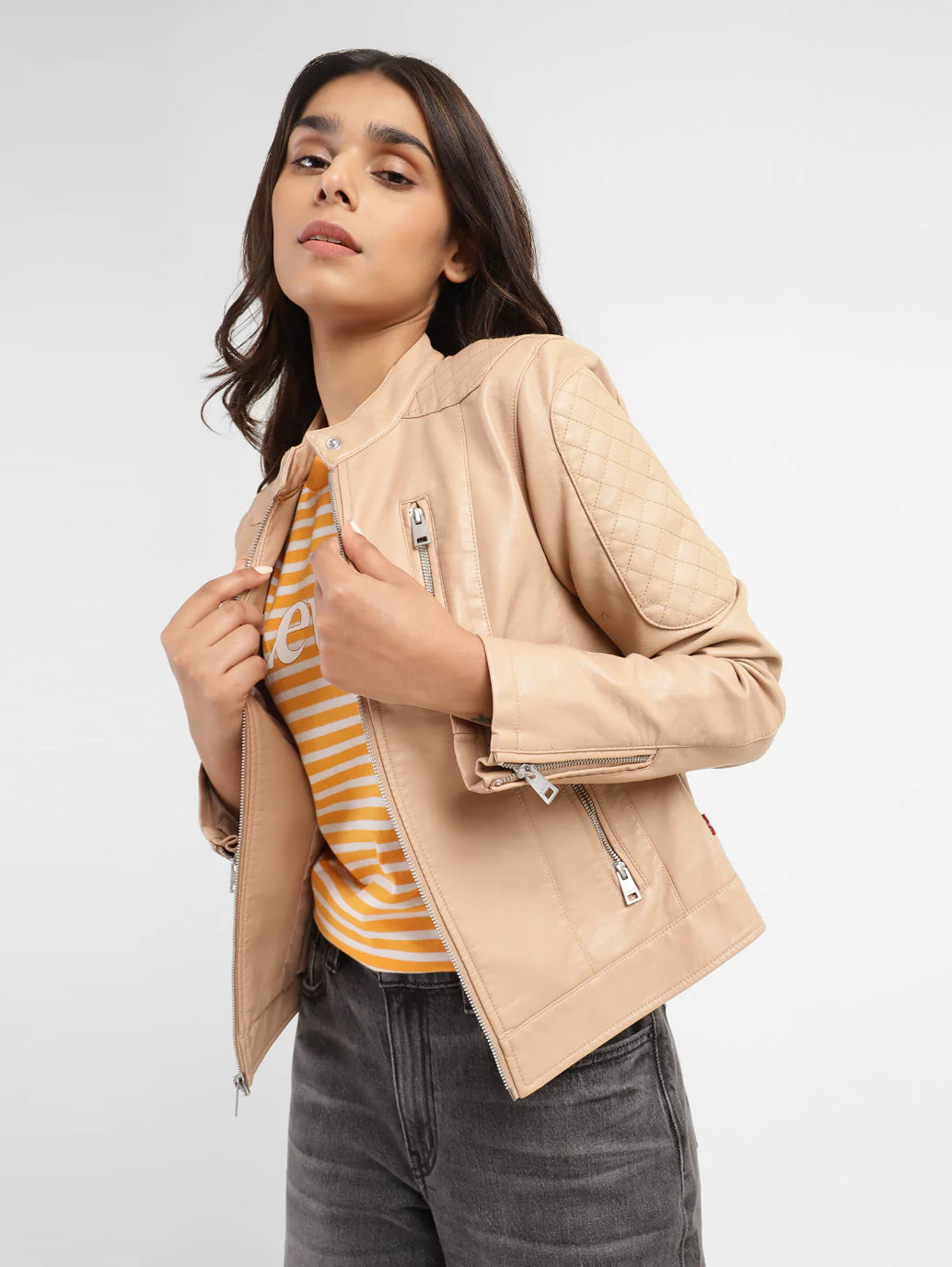 Women's Solid Band Neck Leather Jacket - Image 2