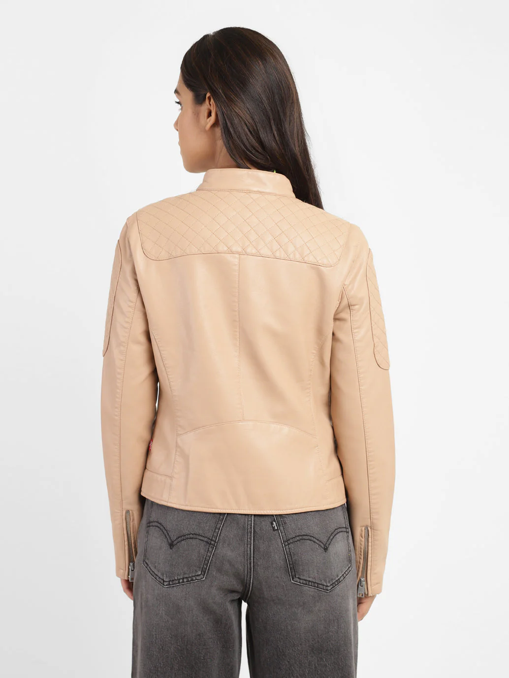 Women's Solid Band Neck Leather Jacket - Image 3