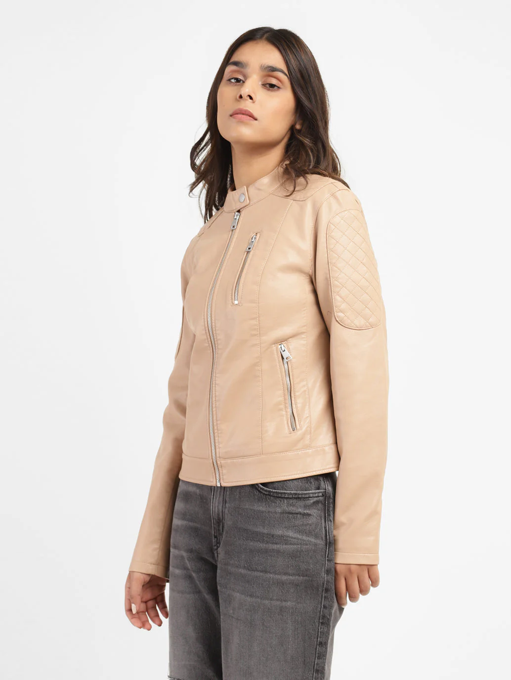 Women's Solid Band Neck Leather Jacket - Image 4