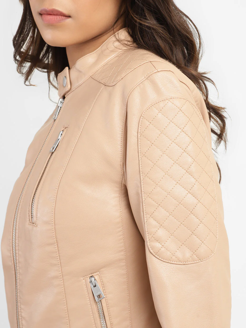 Women's Solid Band Neck Leather Jacket - Image 5