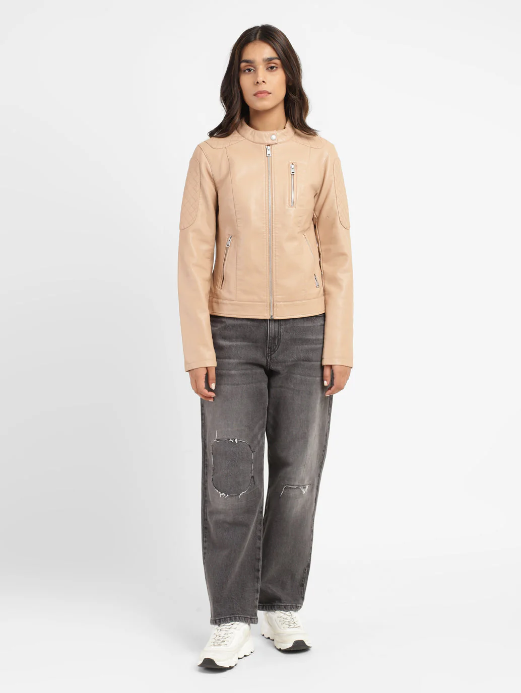 Women's Solid Band Neck Leather Jacket - Image 6