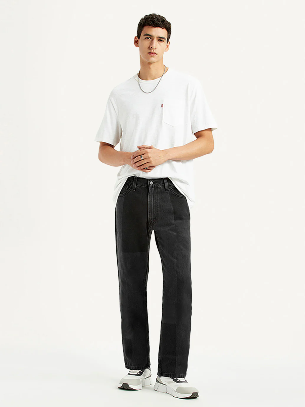Men's 555 Black Patchwork Relaxed Straight Fit Mid Rise Jeans