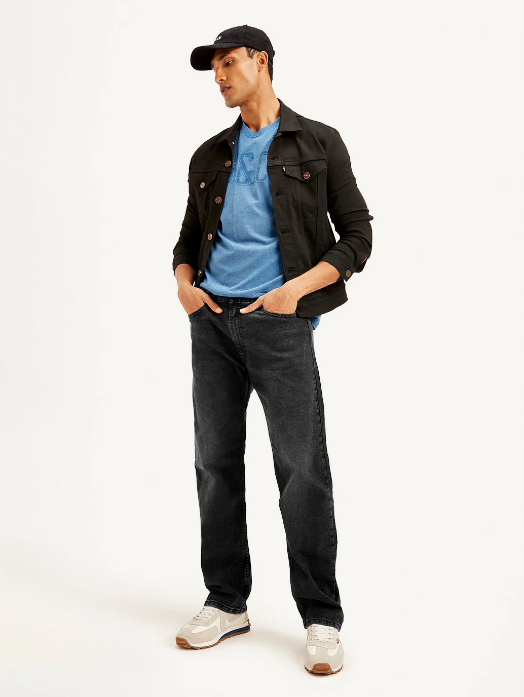 Men's 555 Black Relaxed Straight Fit Mid Rise Jeans