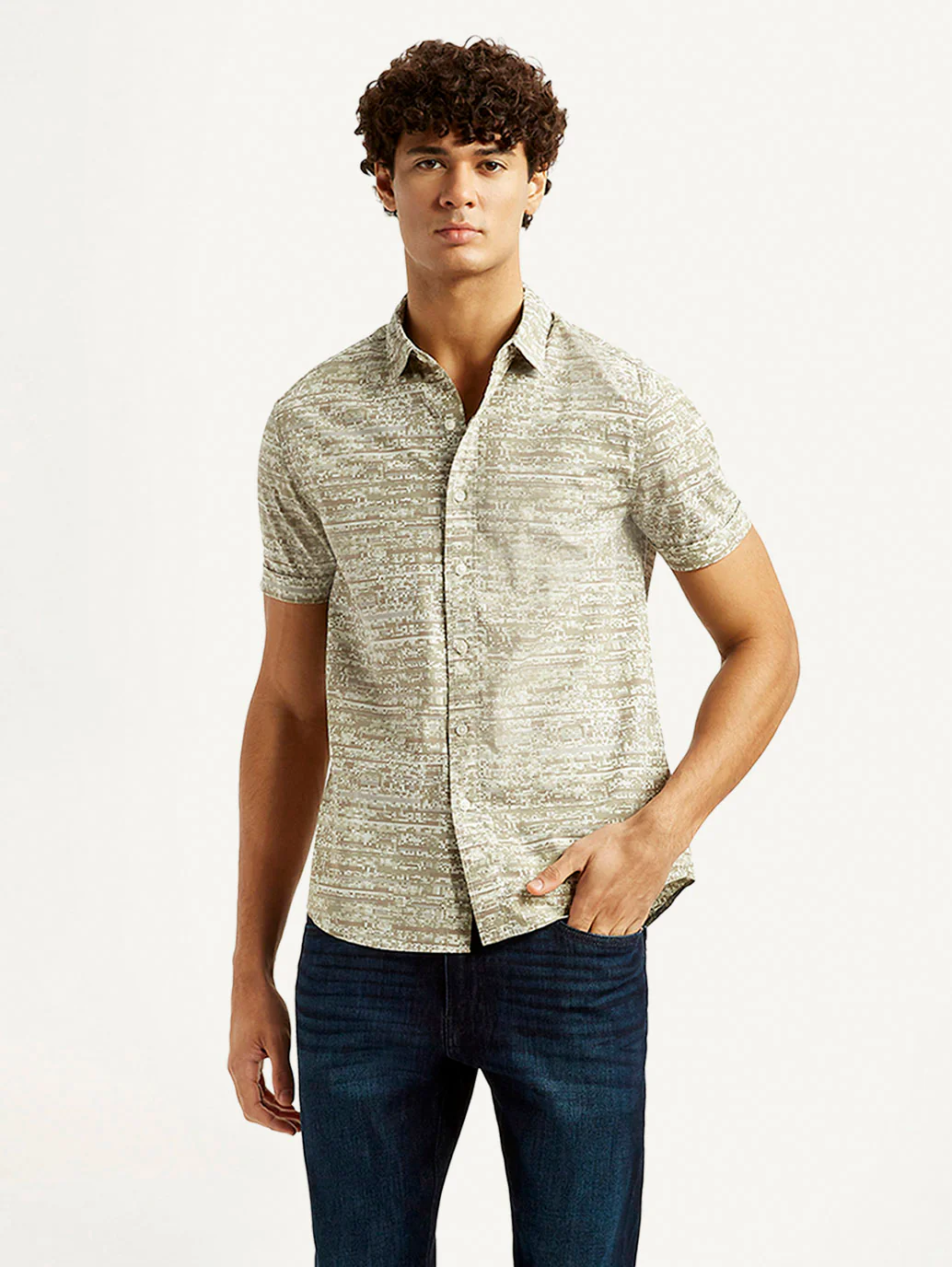 Men's Abstract Beige Slim Fit Shirt