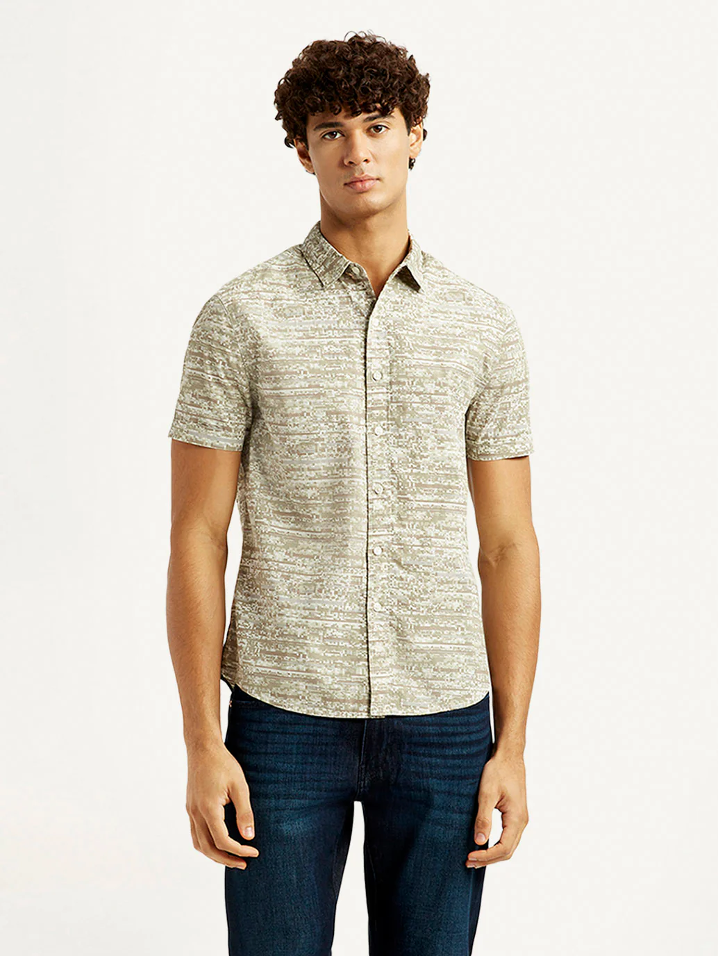 Men's Abstract Beige Slim Fit Shirt - Image 2
