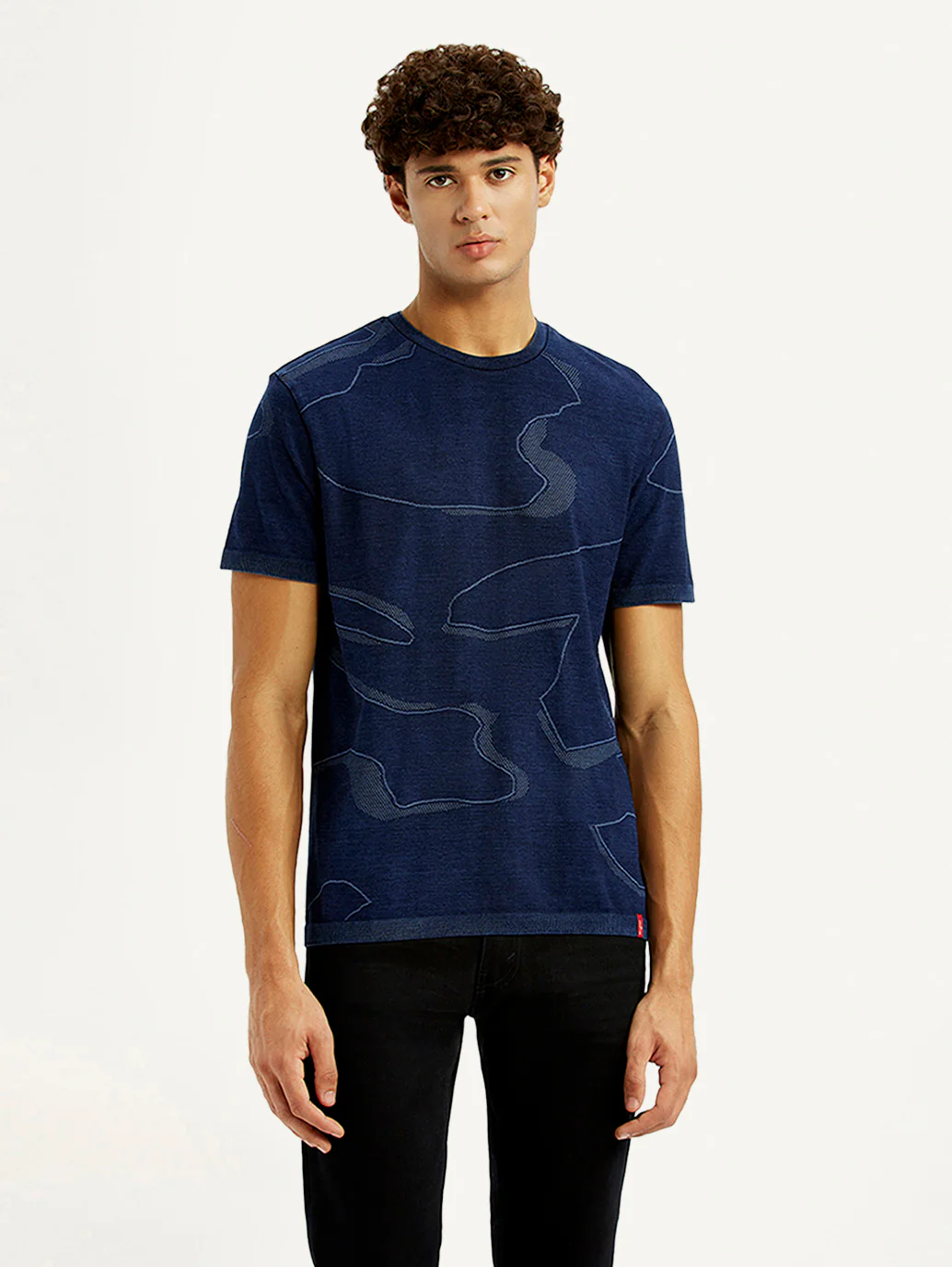 Men's Abstract Navy Blue Slim Fit Seamless T-shirt - Image 2