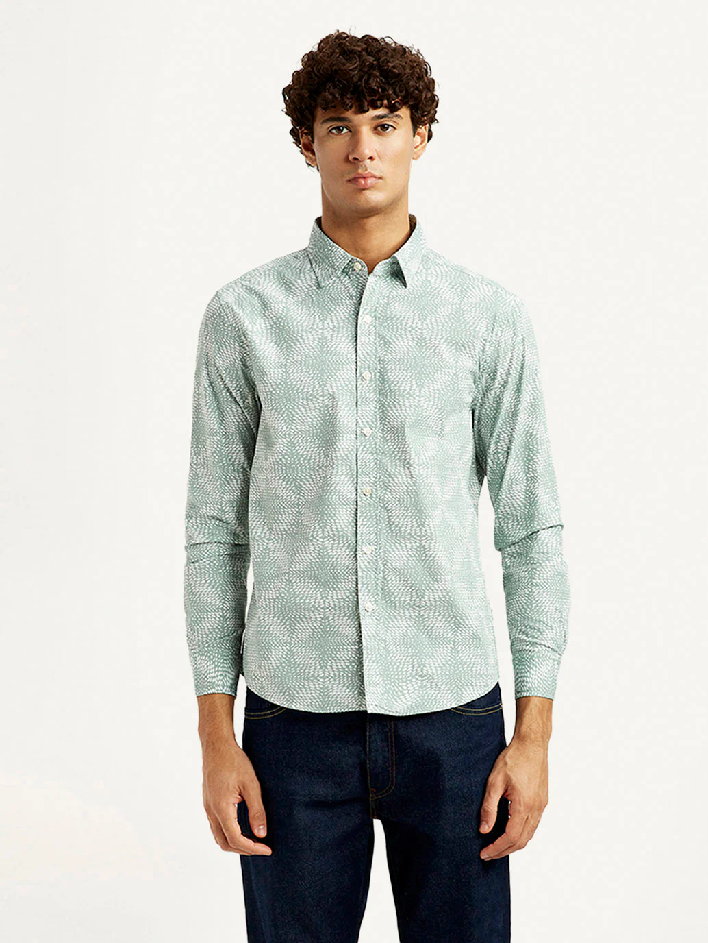 Men's Abstract Light Green Slim Fit Shirt - Image 2