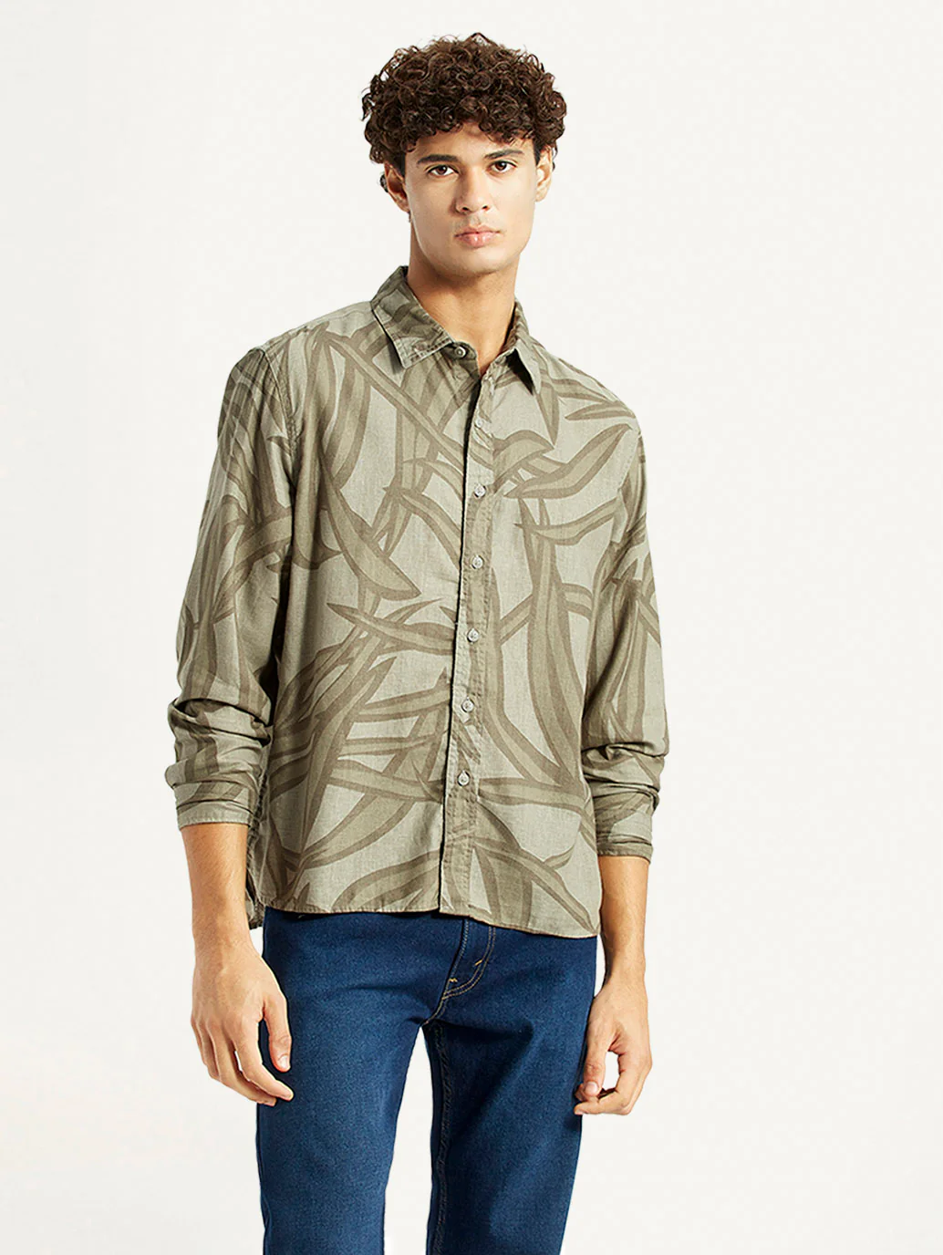 Men's Abstract Taupe Spread Collar Shirt - Image 5