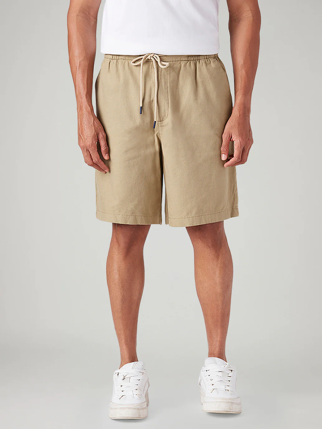 Men's Beige Baggy Fit Mid Rise Linen Shorts - Image 3