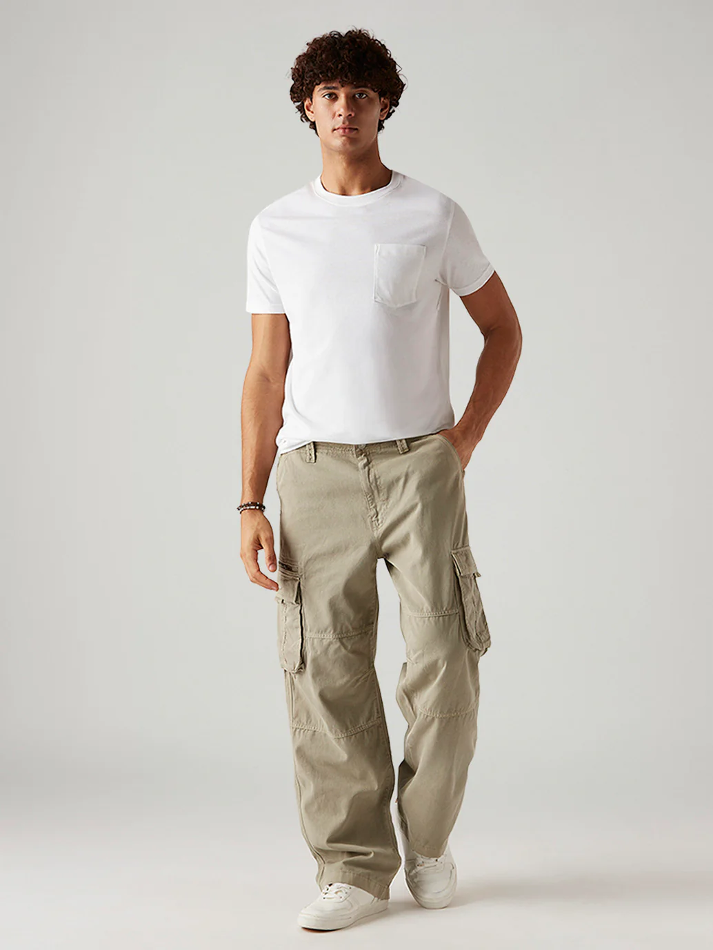 Men's Beige Baggy Fit Mid Rise Cargos