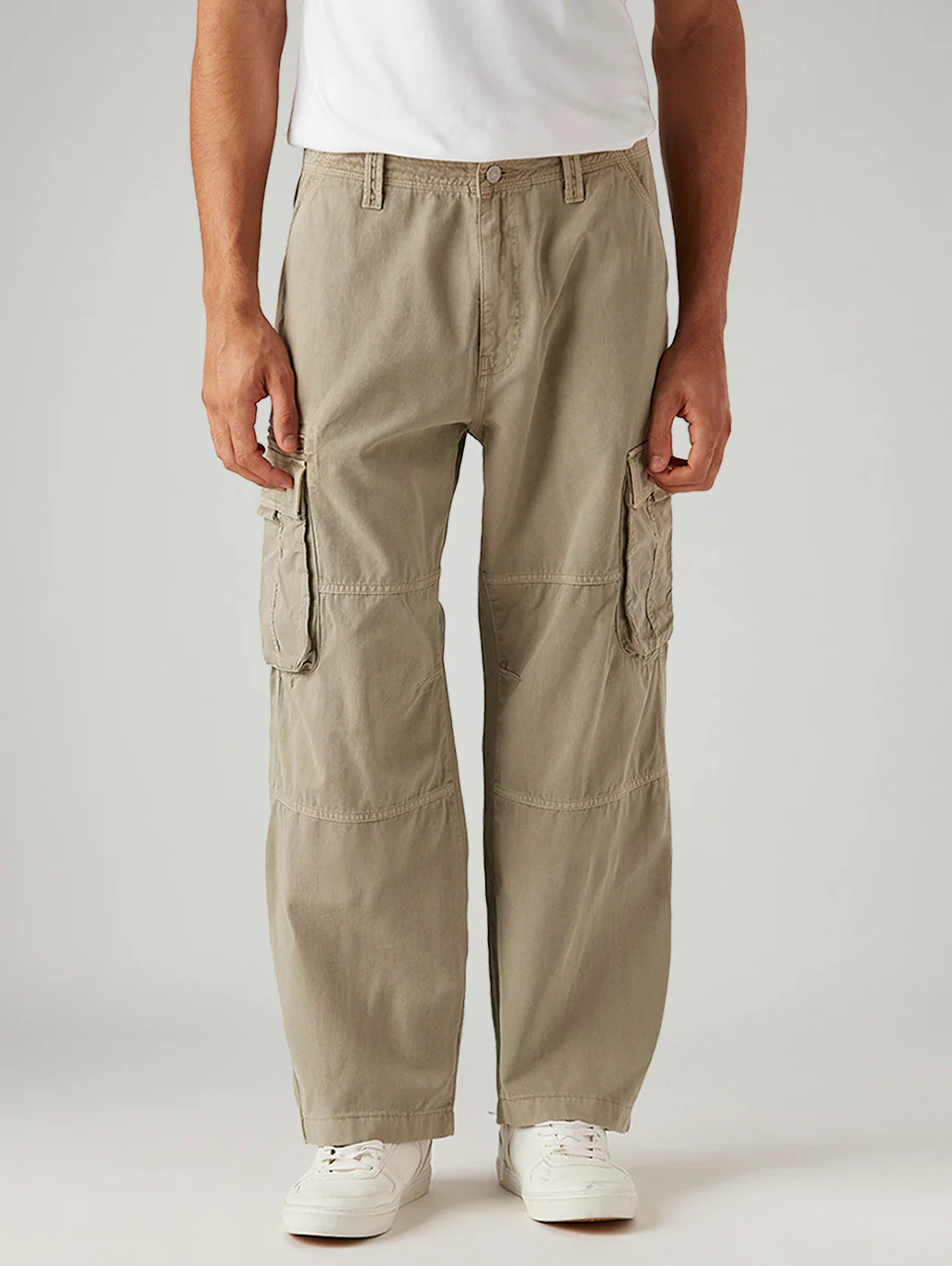 Men's Beige Baggy Fit Mid Rise Cargos - Image 2