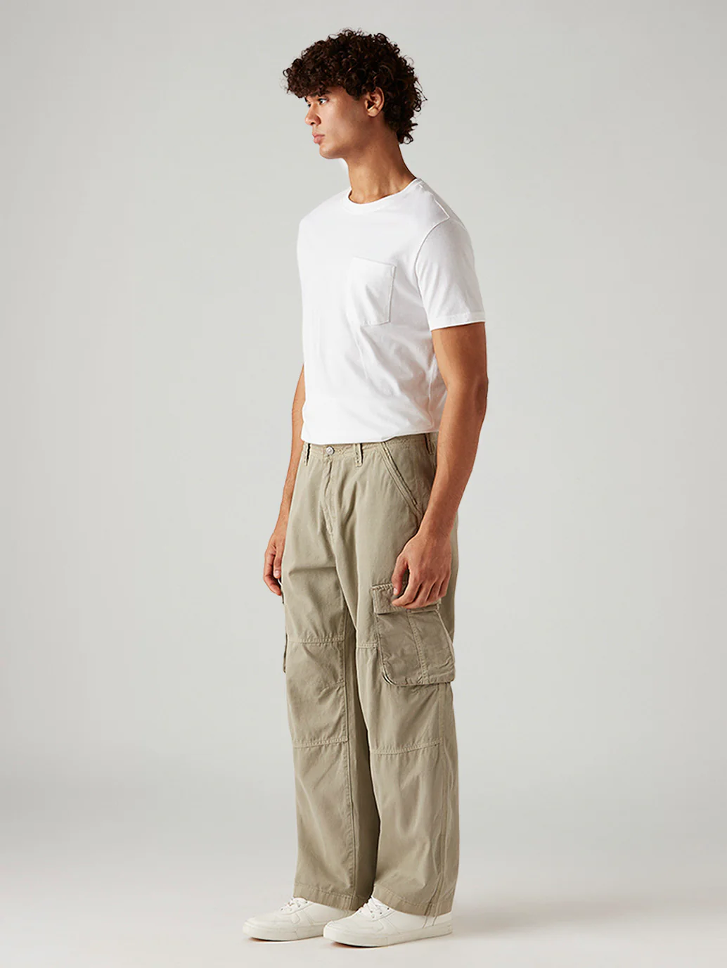 Men's Beige Baggy Fit Mid Rise Cargos - Image 5