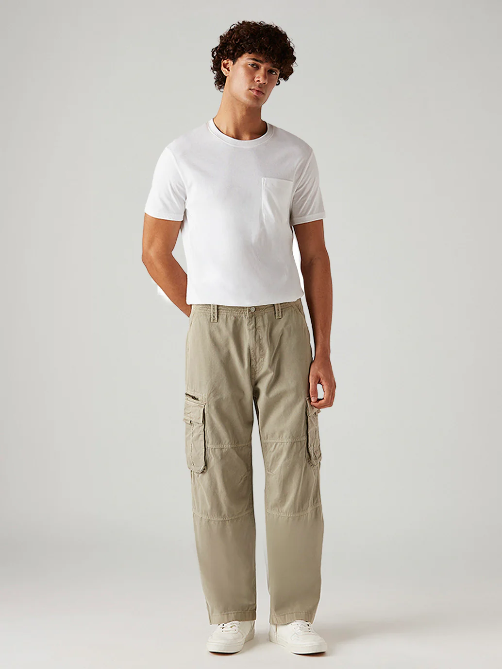 Men's Beige Baggy Fit Mid Rise Cargos - Image 6