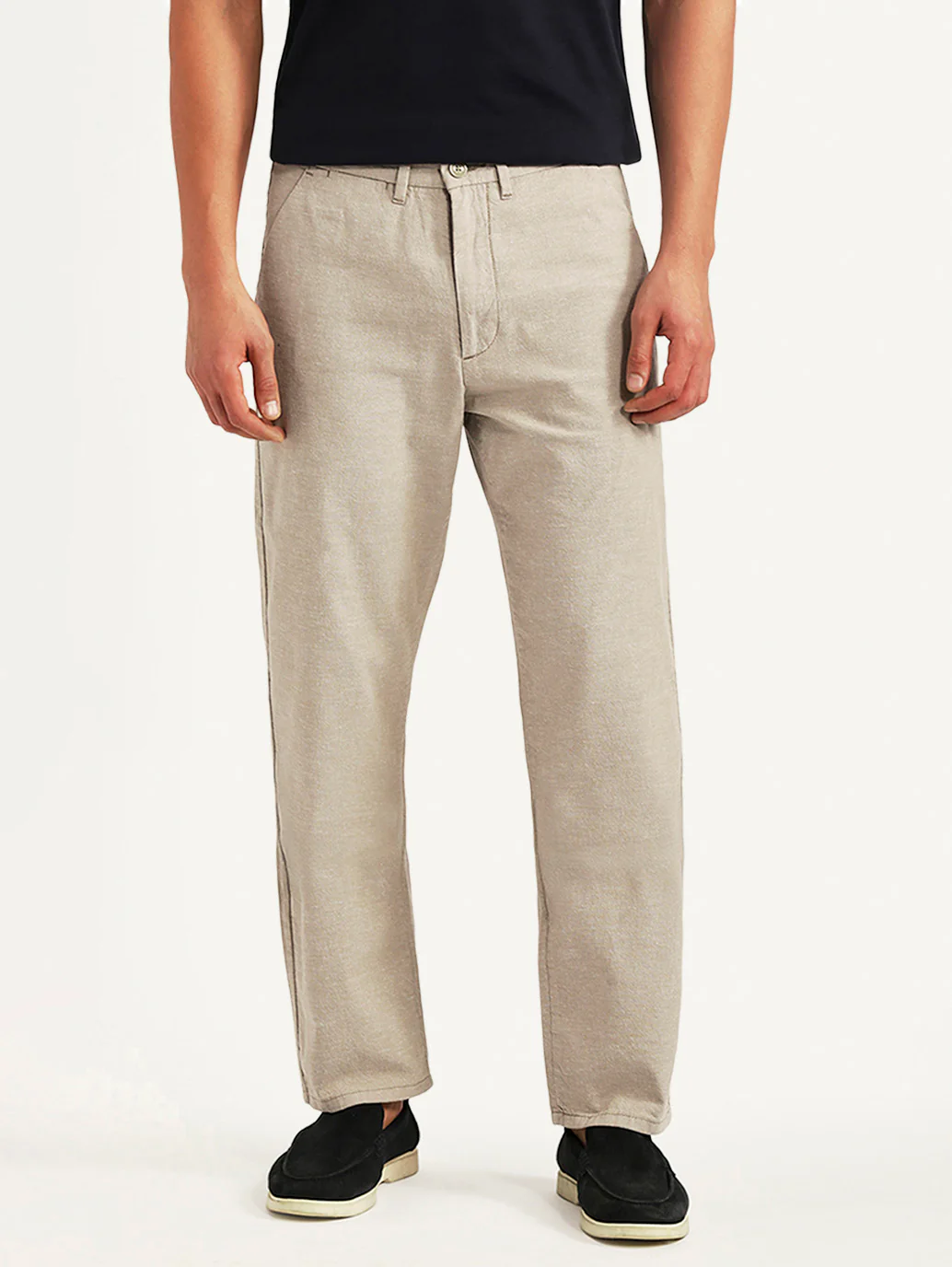 Men's Beige Relaxed Fit Linen Chinos - Image 3