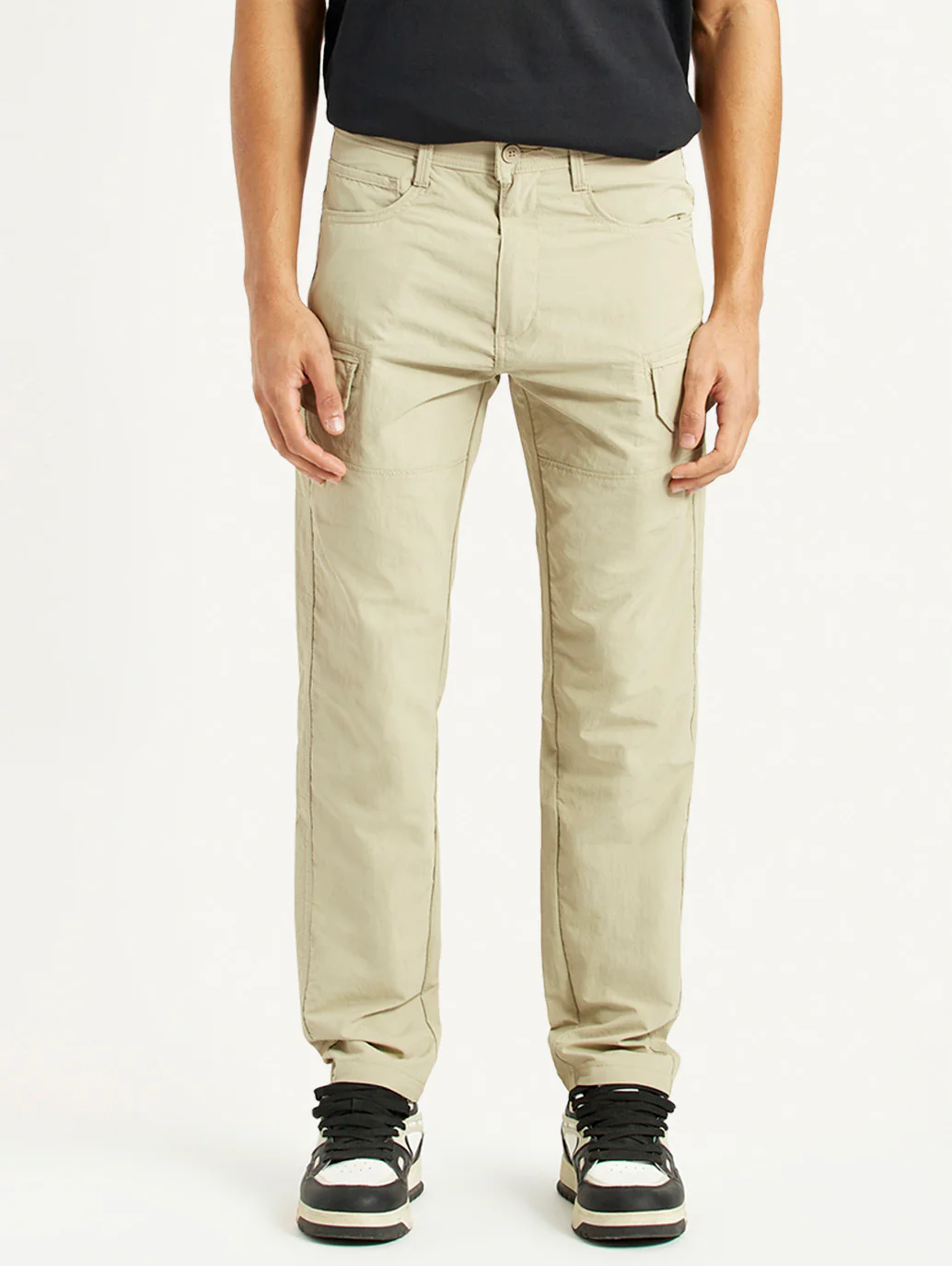 Men's Beige Slim Fit Mid Rise Cargo Trousers - Image 2