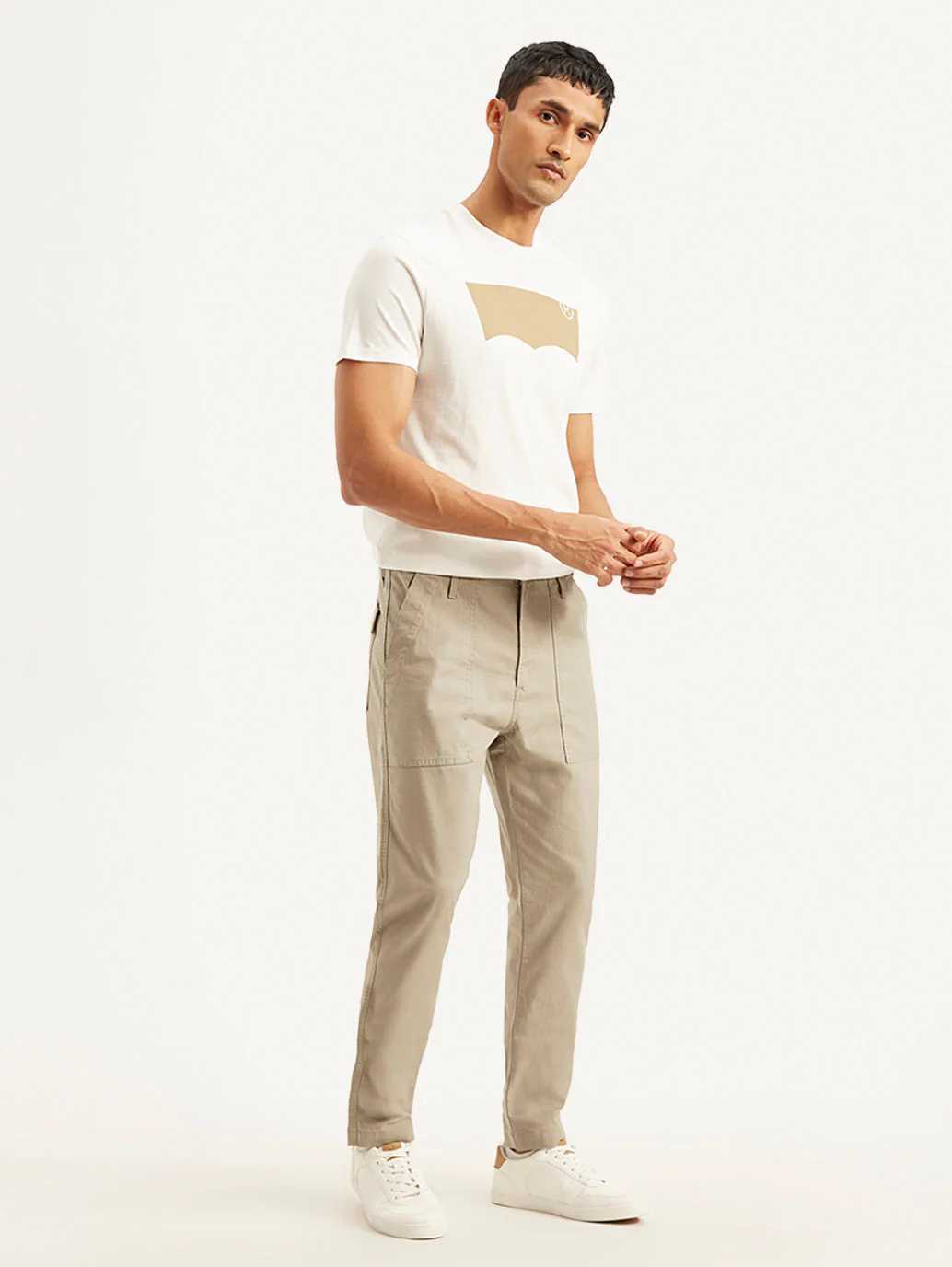 Men's Beige Slim Fit Utility Linen Trousers - Image 5