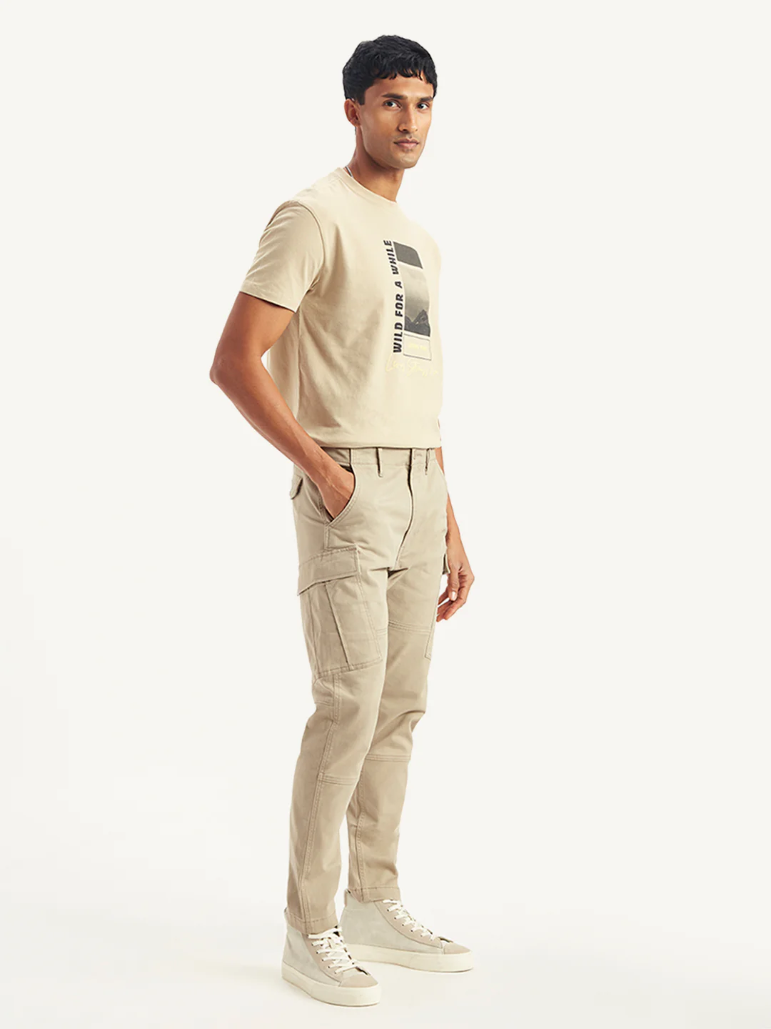 Men's Beige Slim Tapered Fit Cargo Trousers - Image 3