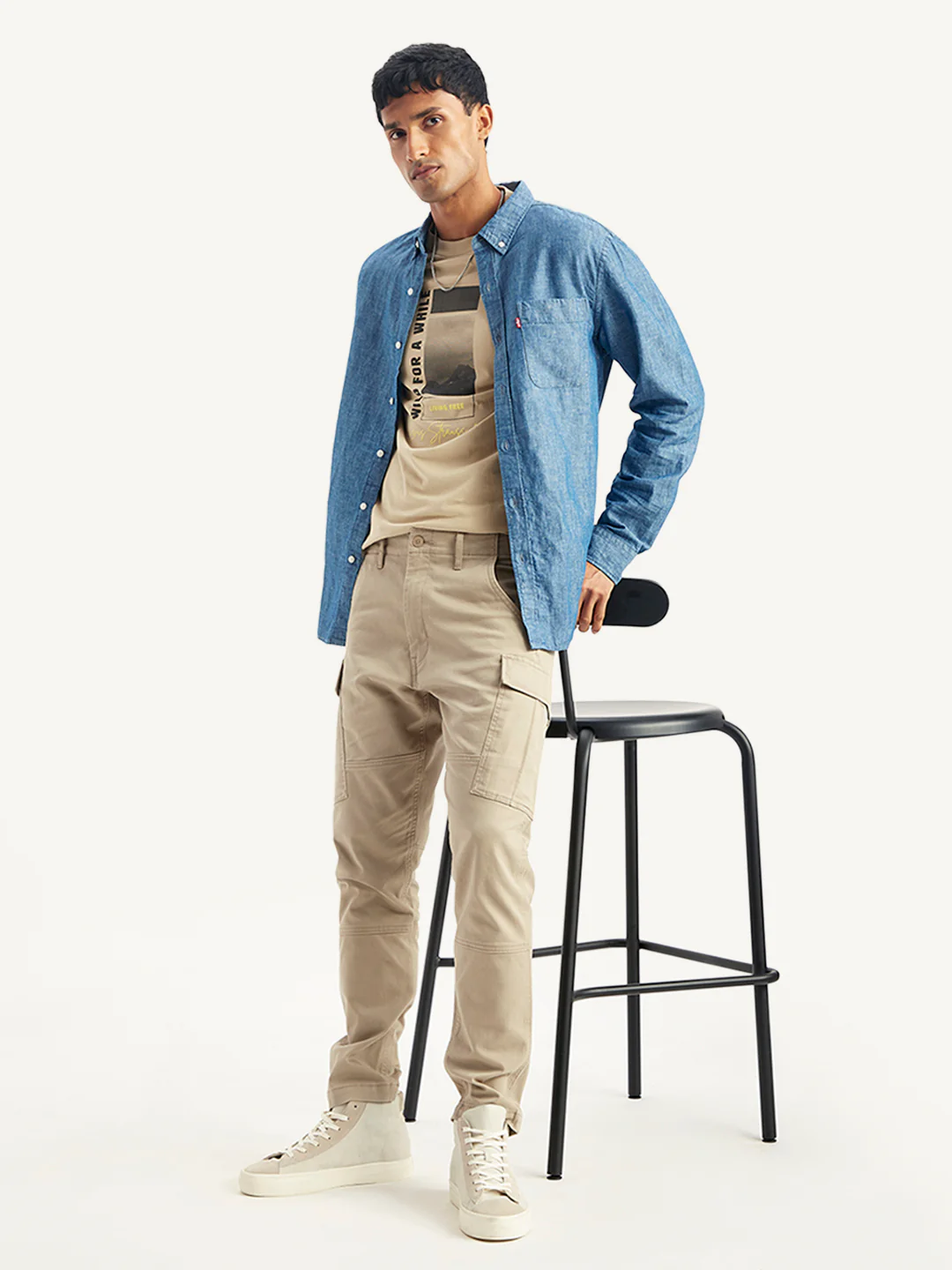 Men's Beige Slim Tapered Fit Cargo Trousers - Image 5