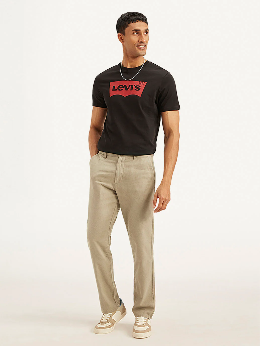 Men's Beige Authentic Straight Fit Linen Chino Pants - Image 2