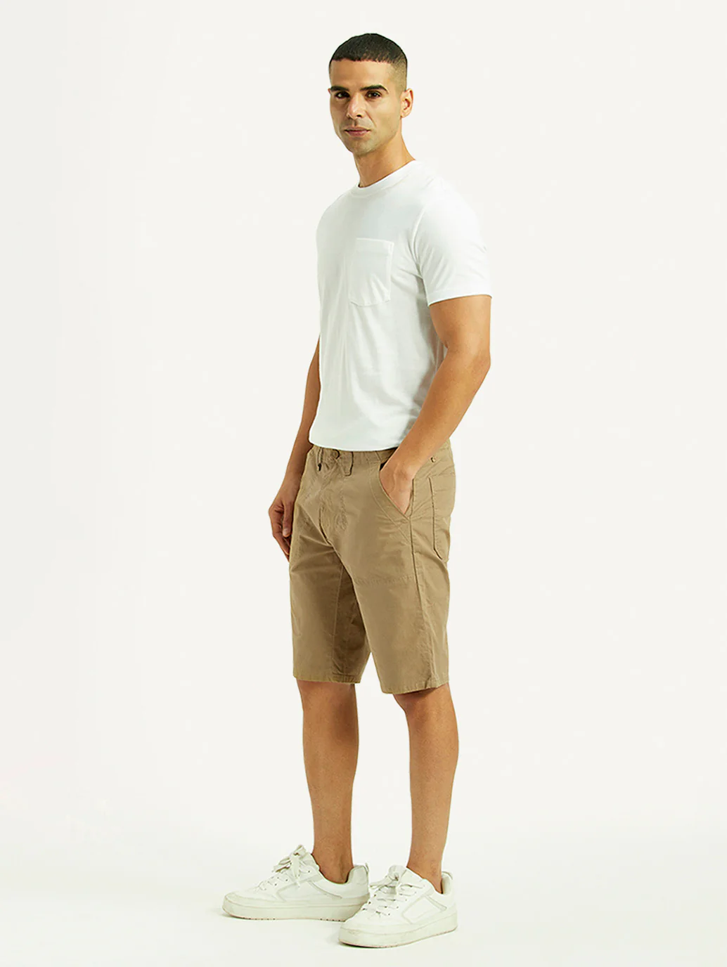 Men's Beige Tapered Fit Mid Rise Shorts - Image 6