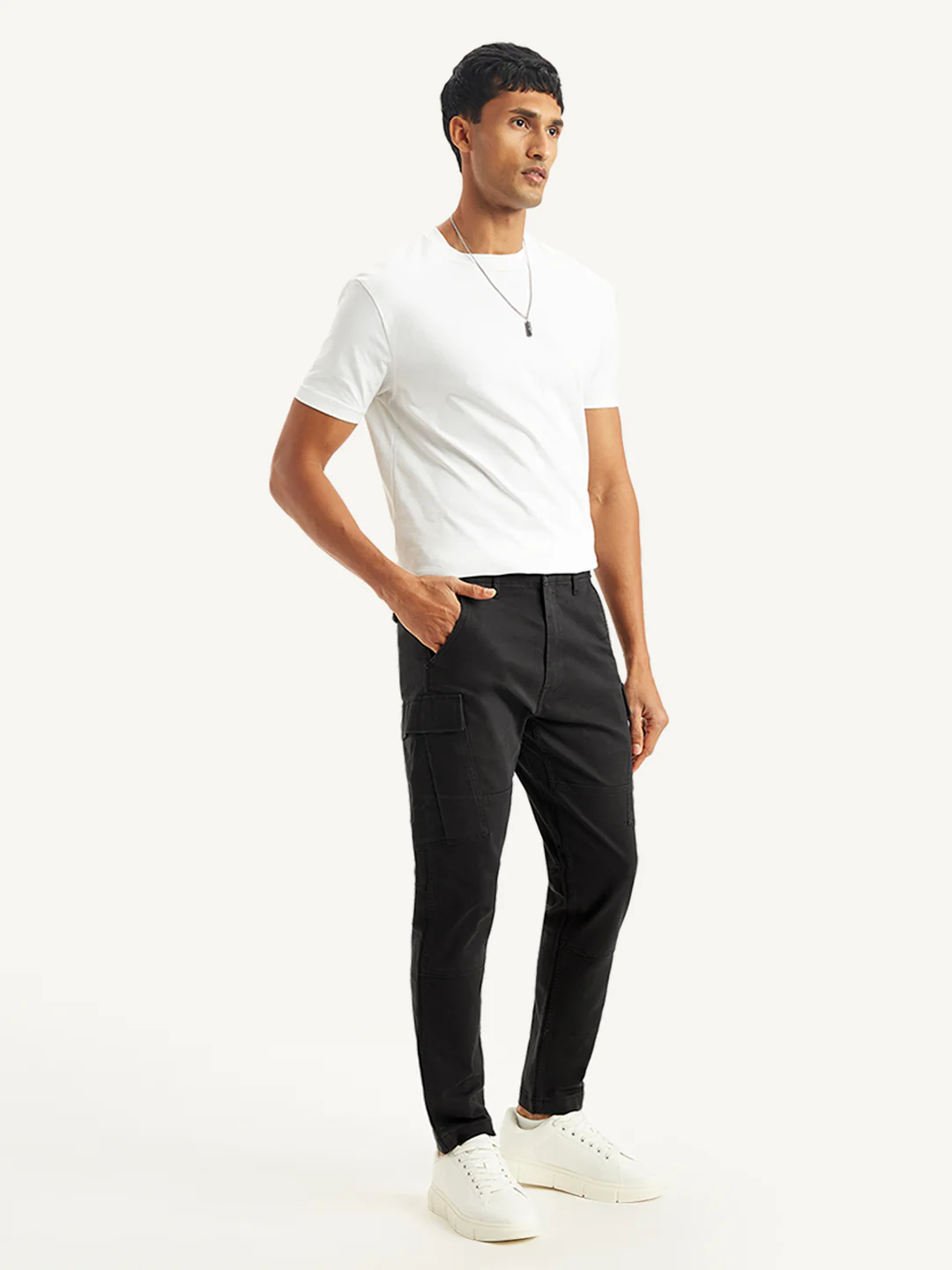 Men's Black Tapered Cargo Trousers - Image 3
