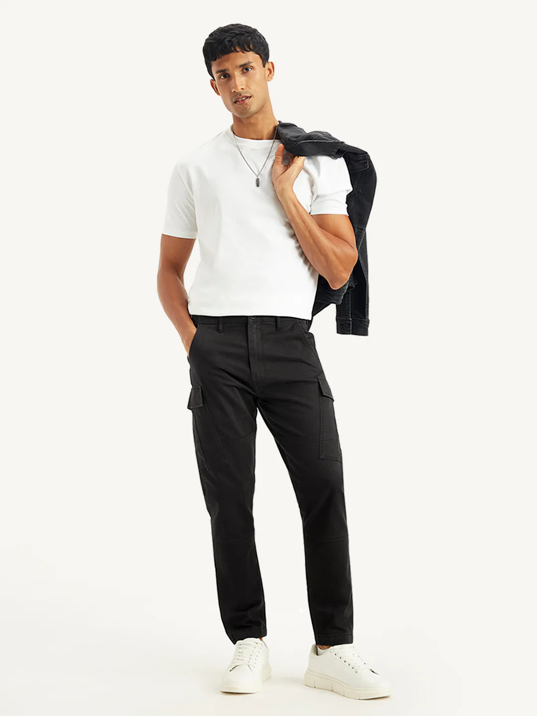 Men's Black Tapered Cargo Trousers - Image 5