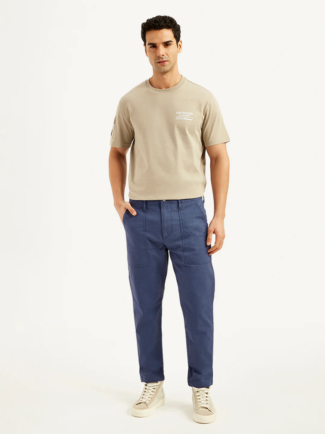 Men's Blue Slim Tapered Fit Utility Linen Trousers - Image 2