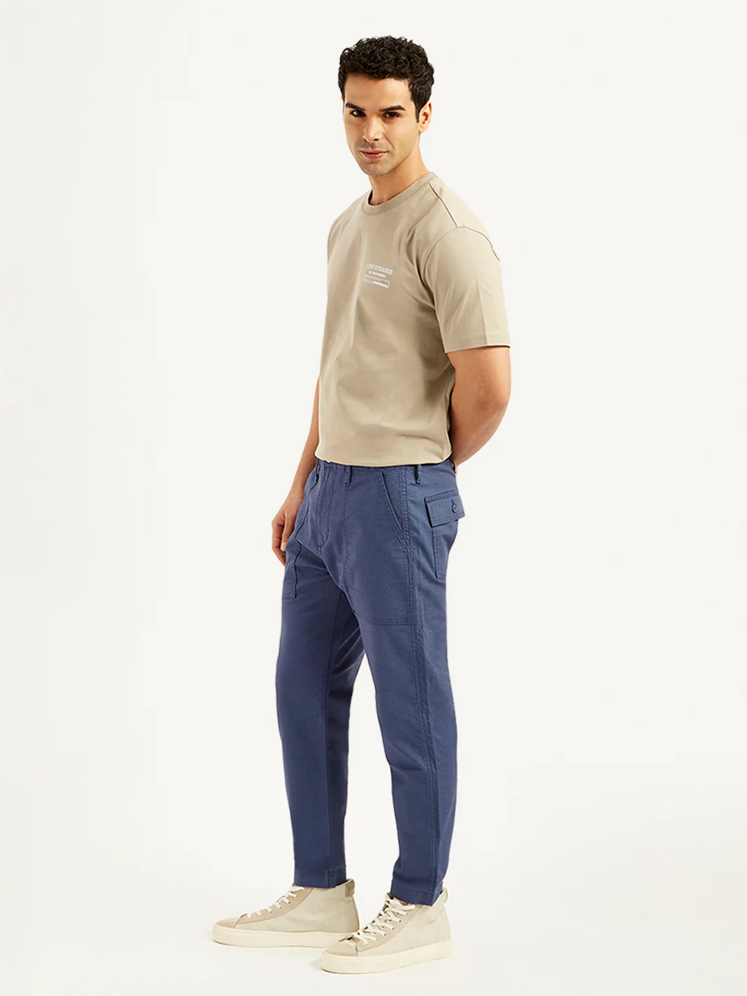Men's Blue Slim Tapered Fit Utility Linen Trousers - Image 4