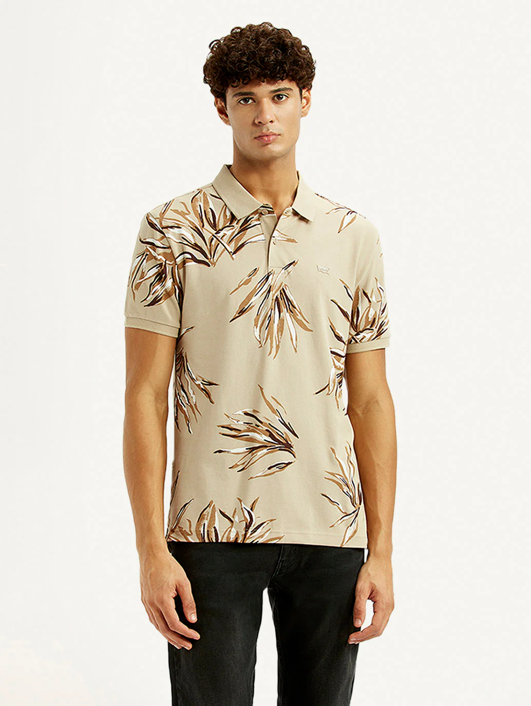 Men's Printed Beige Slim Fit Polo T-shirt - Image 2