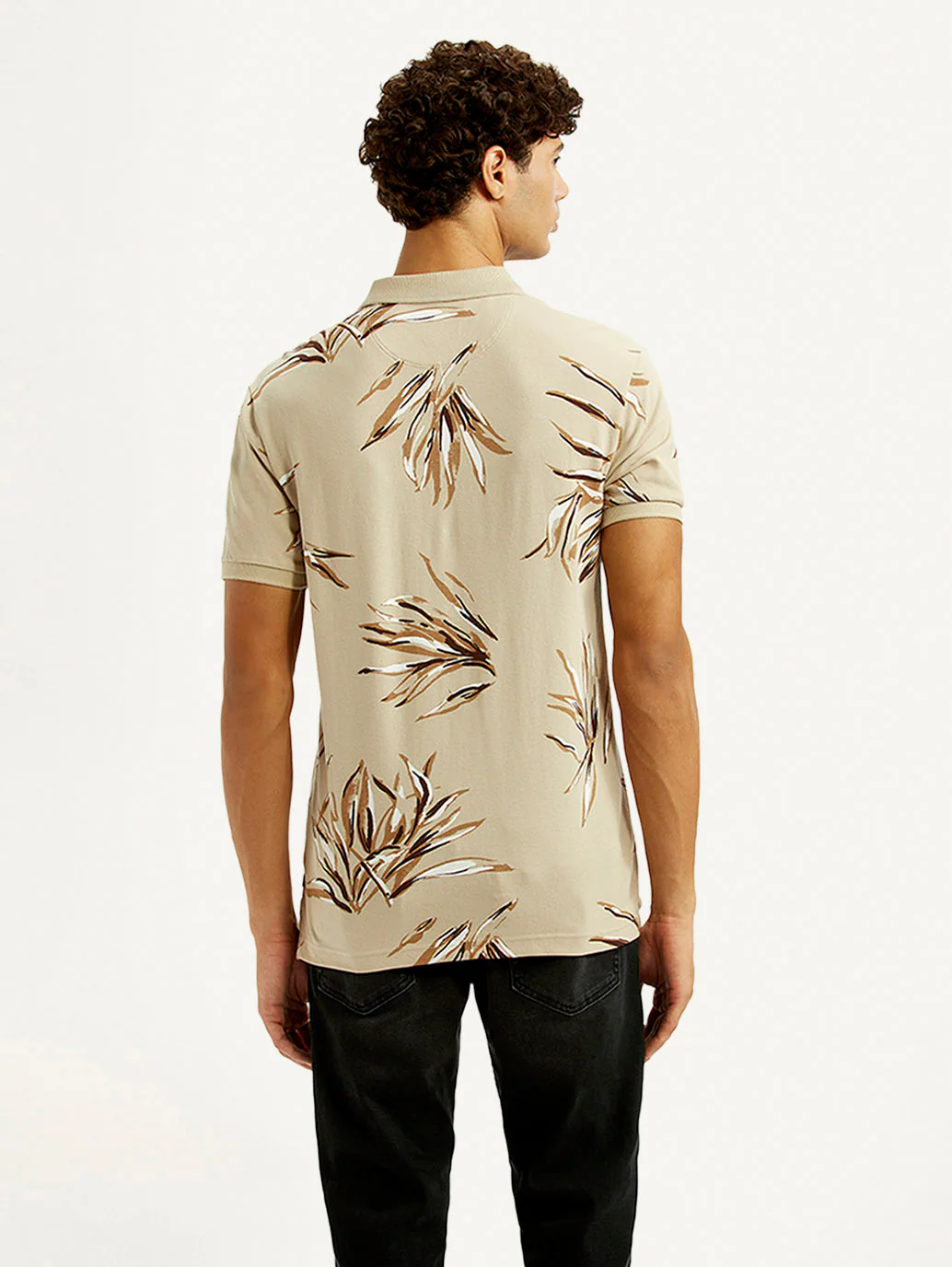 Men's Printed Beige Slim Fit Polo T-shirt - Image 3
