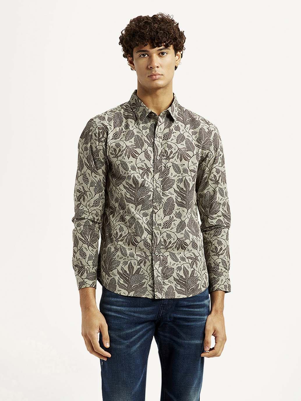 Men's Printed Khaki Slim Fit Shirt - Image 2
