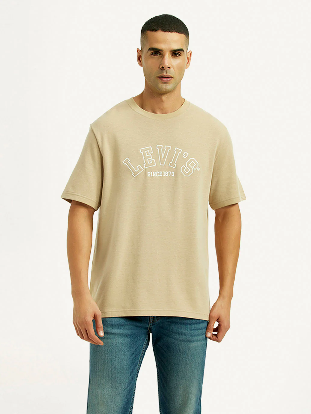 Men's Brand Logo Beige Crew Neck T-shirt - Image 2