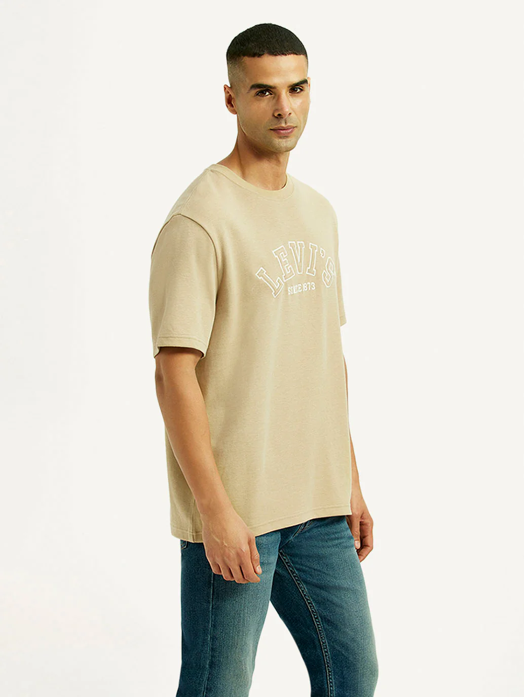 Men's Brand Logo Beige Crew Neck T-shirt - Image 5