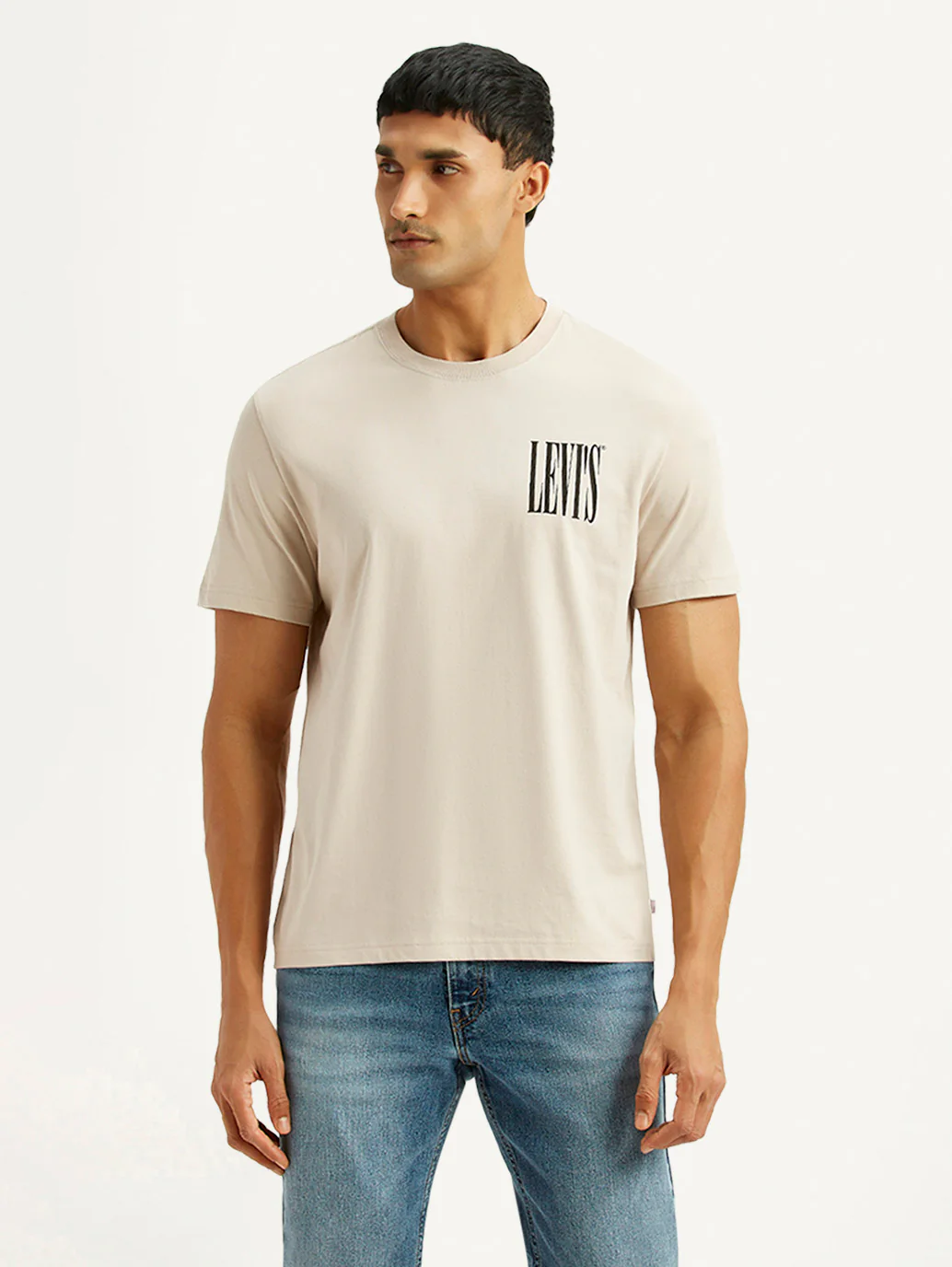 Men's Brand Logo Beige Crew Neck T-shirt - Image 4