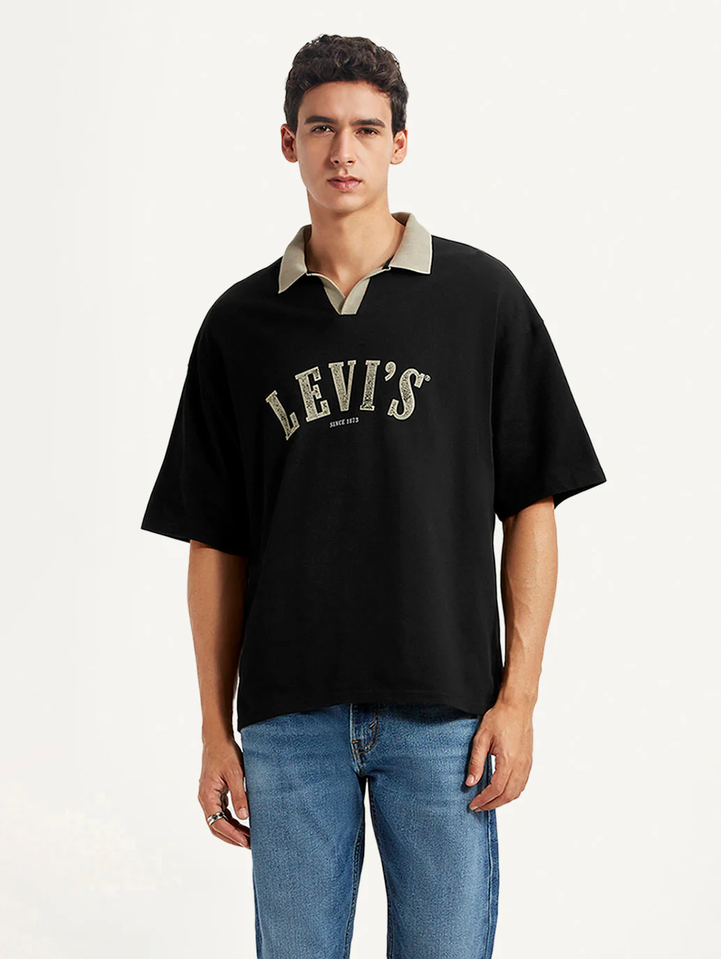 Men's Brand Logo Black Loose Fit Polo T-shirt