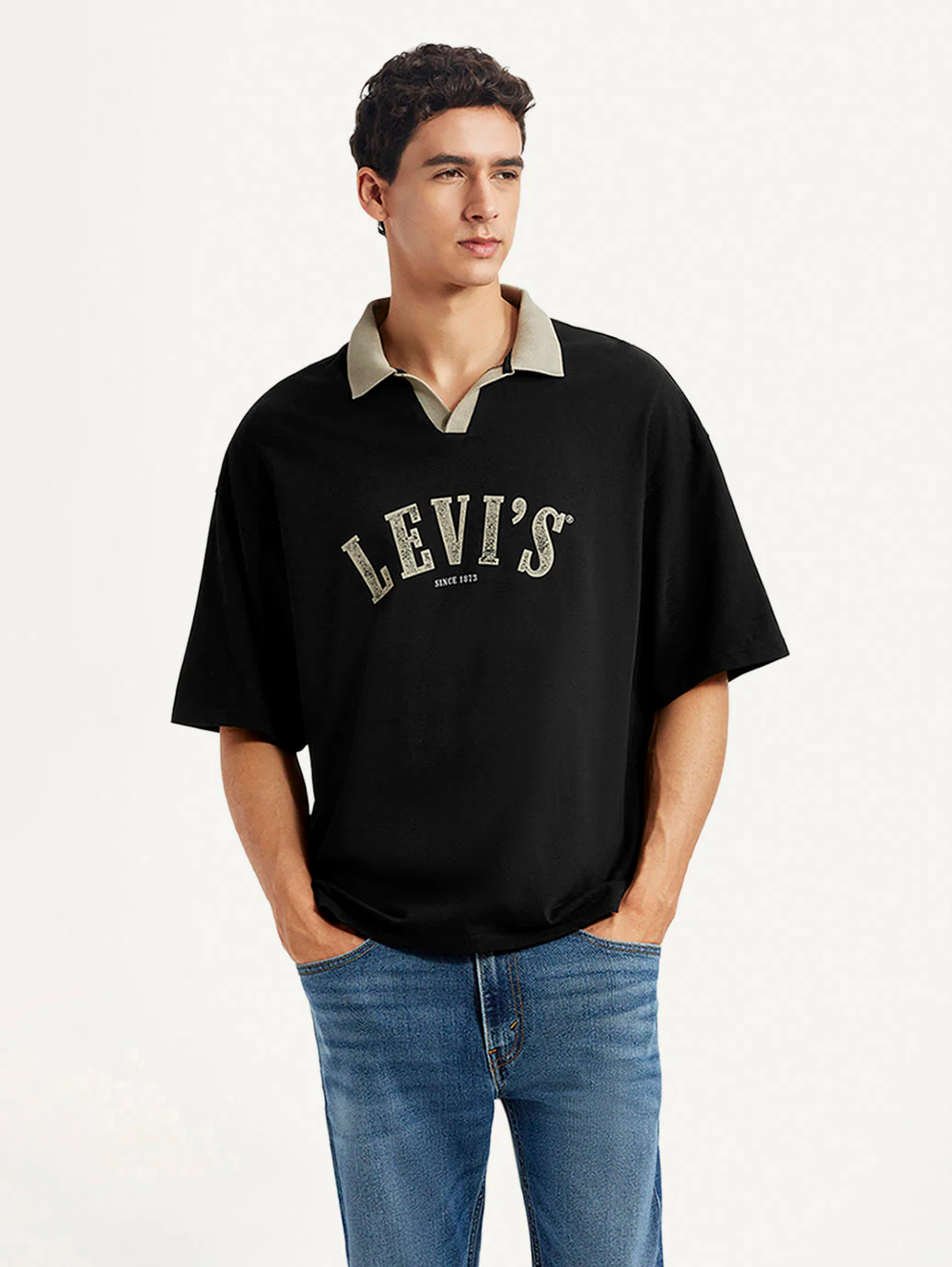 Men's Brand Logo Black Loose Fit Polo T-shirt - Image 2