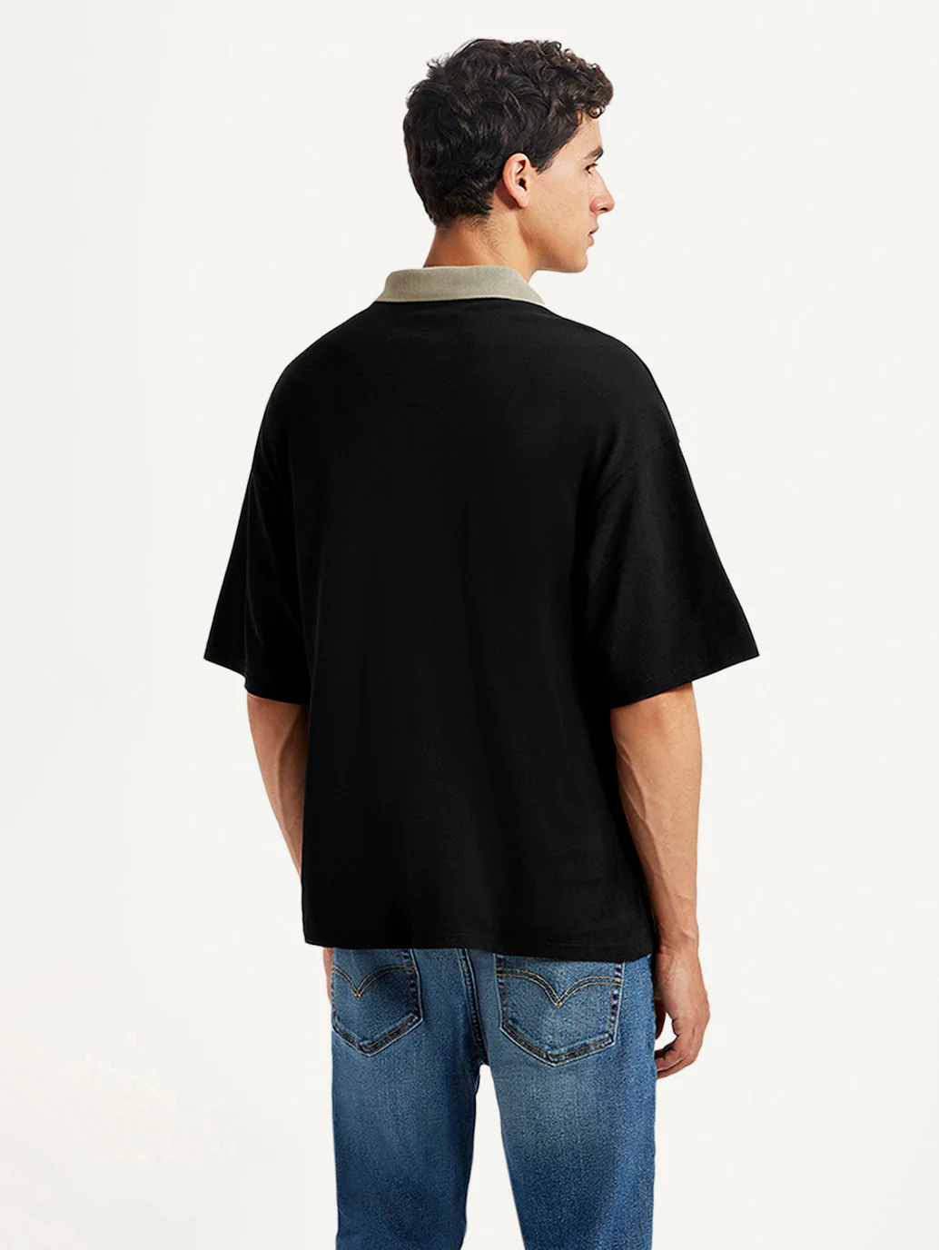 Men's Brand Logo Black Loose Fit Polo T-shirt - Image 3