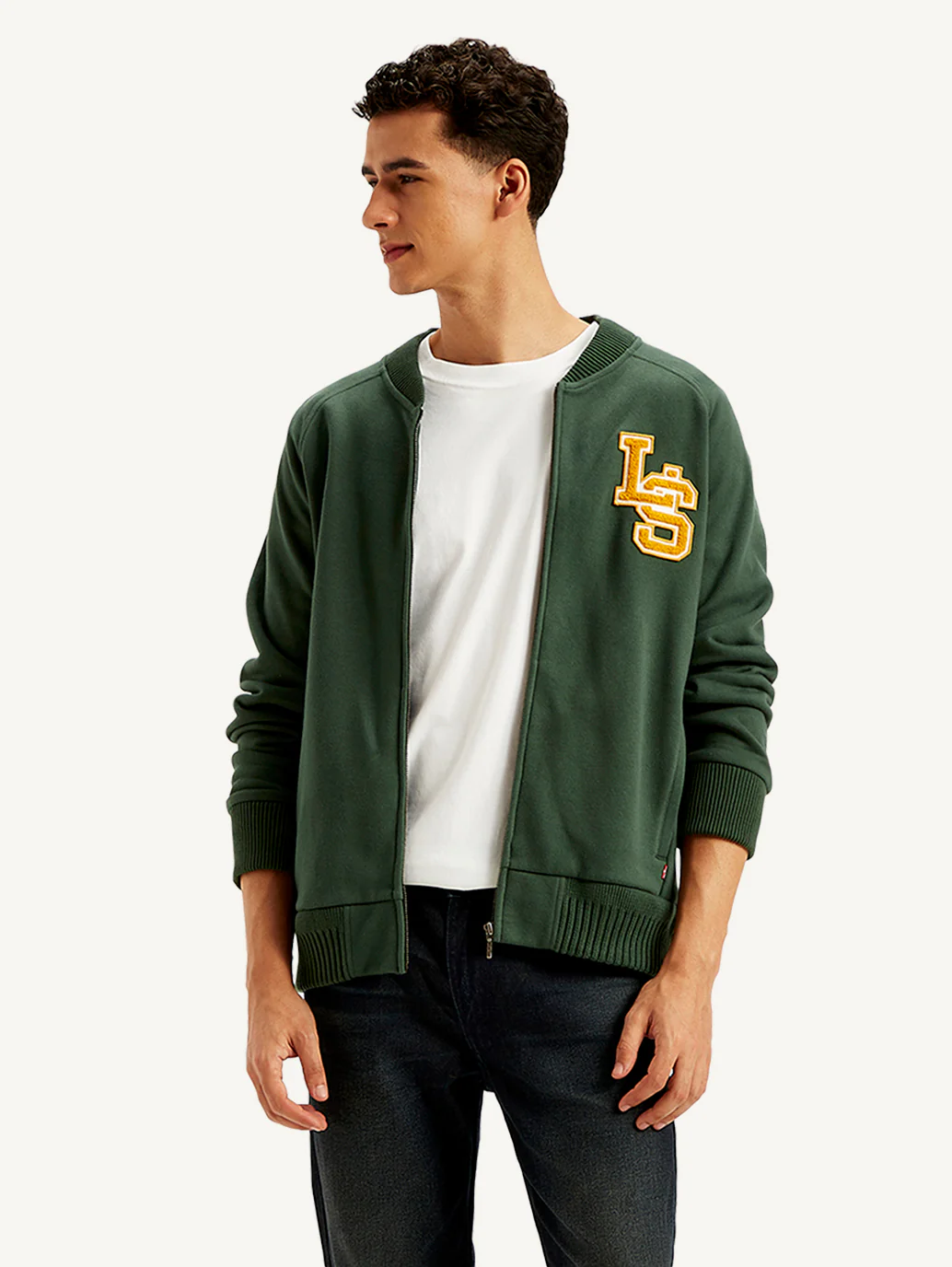 Men's Brand Logo Green Band Neck Zip-Front Sweatshirt - Image 2