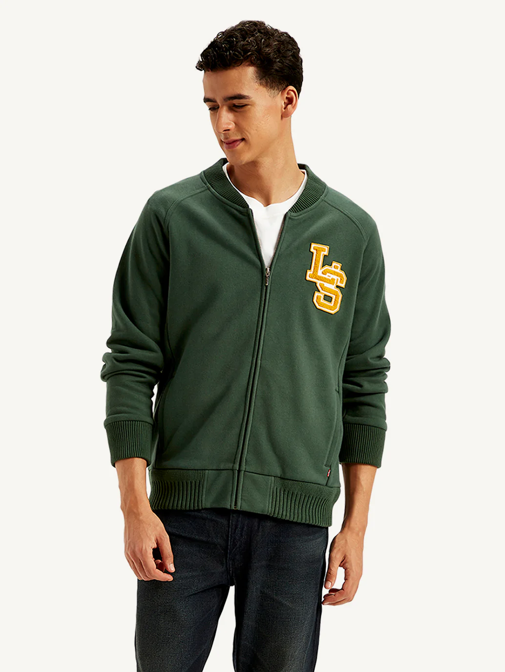 Men's Brand Logo Green Band Neck Zip-Front Sweatshirt - Image 3