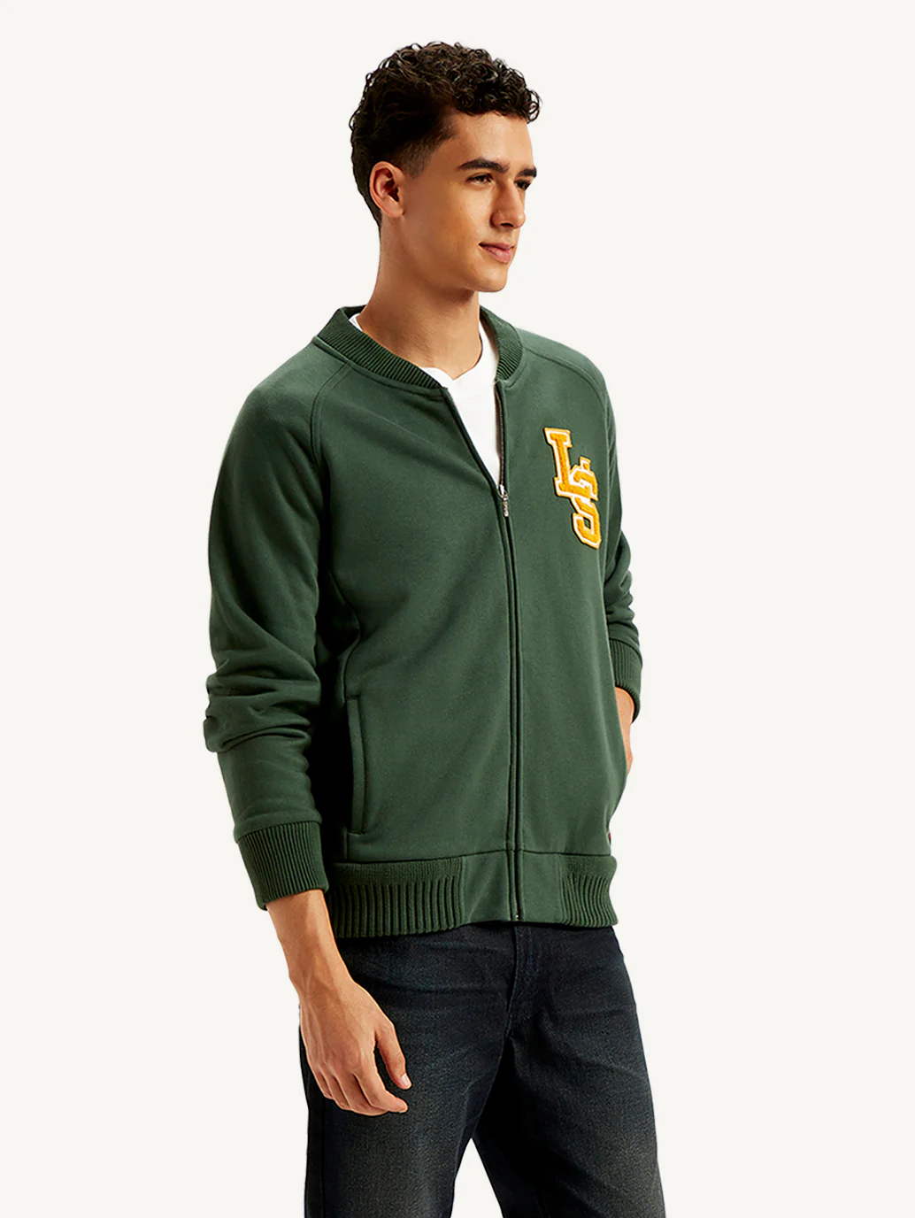 Men's Brand Logo Green Band Neck Zip-Front Sweatshirt - Image 6