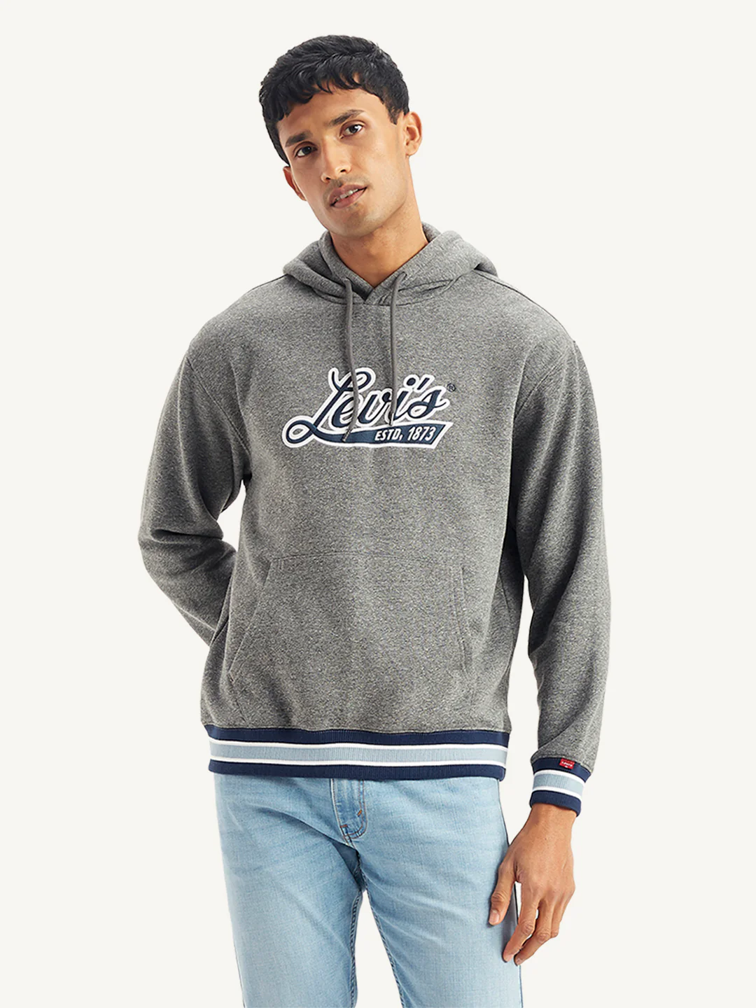 Men's Brand Logo Grey Hooded Sweatshirt - Image 2