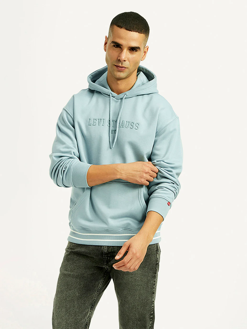 Men's Brand Logo Light Blue Hooded Sweatshirt - Image 2