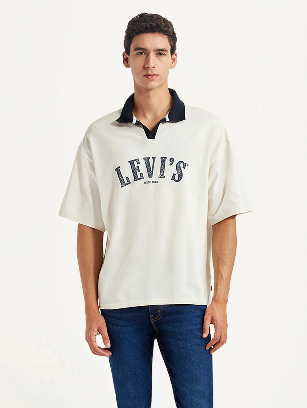 Men's Brand Logo Off-White Loose Fit Polo T-shirt - Image 2