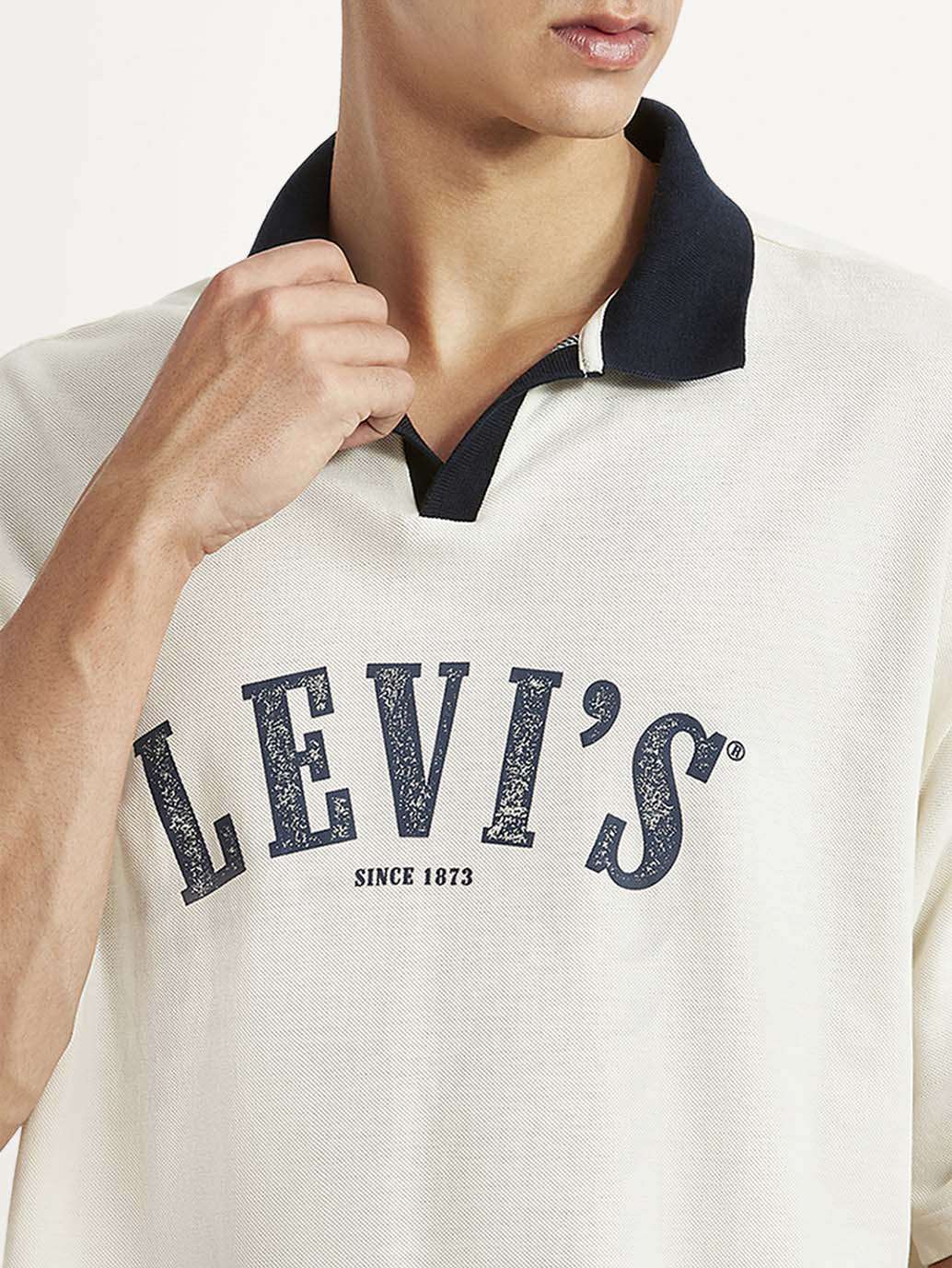Men's Brand Logo Off-White Loose Fit Polo T-shirt - Image 4