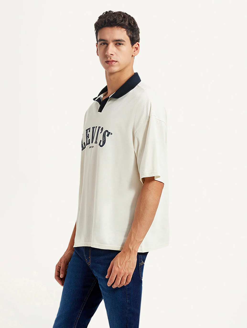 Men's Brand Logo Off-White Loose Fit Polo T-shirt - Image 5
