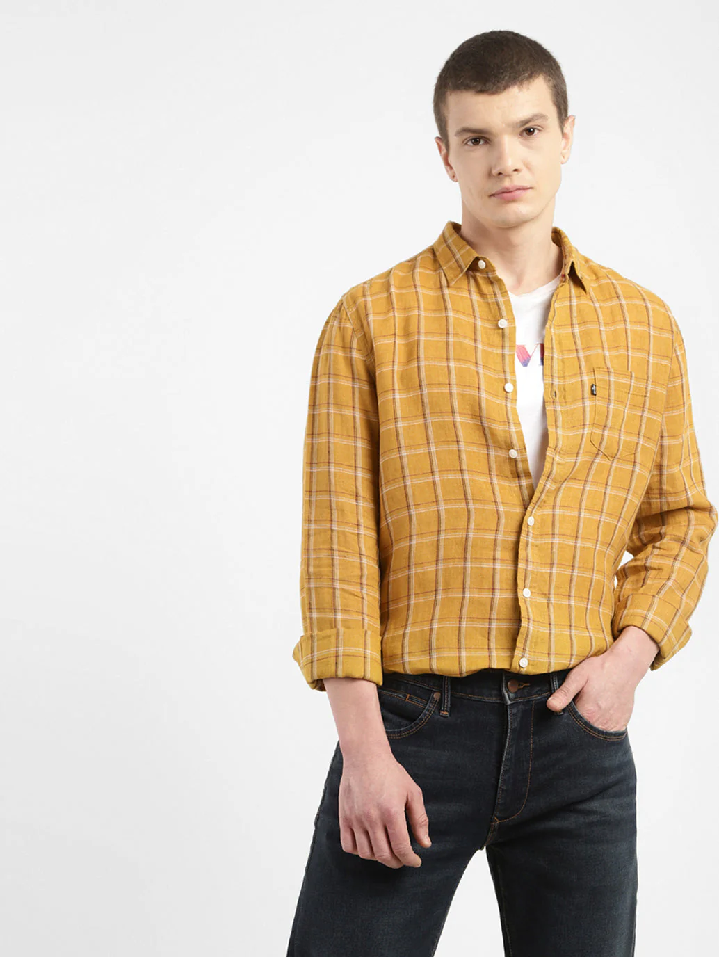 Men's Checkered Spread Collar Linen Shirt - Image 2