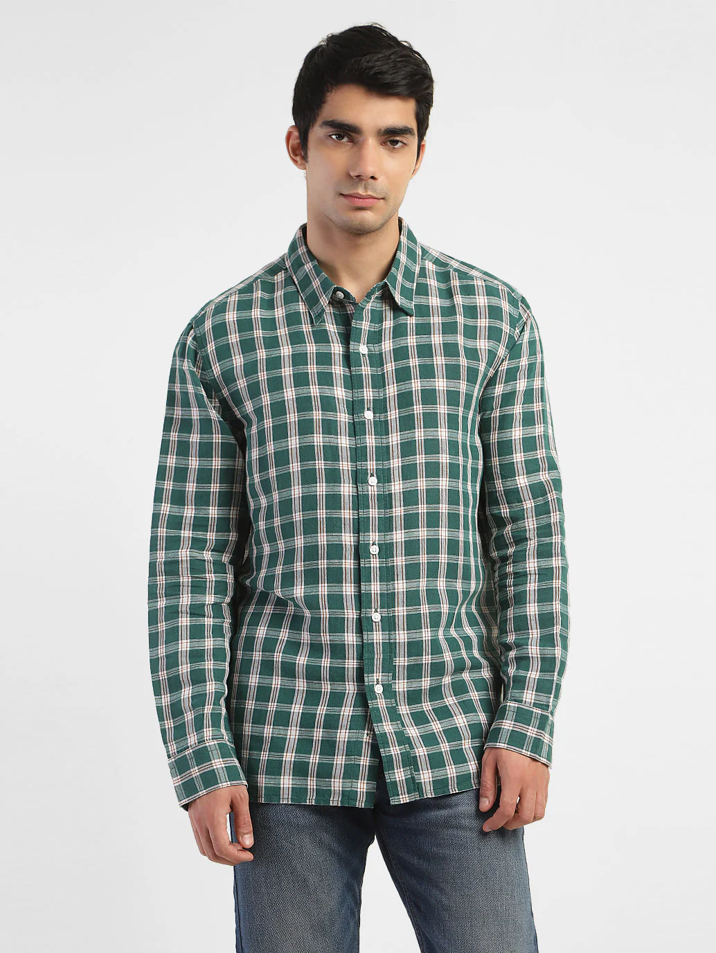 Men's Checkered Spread Collar Linen Shirt - Image 2