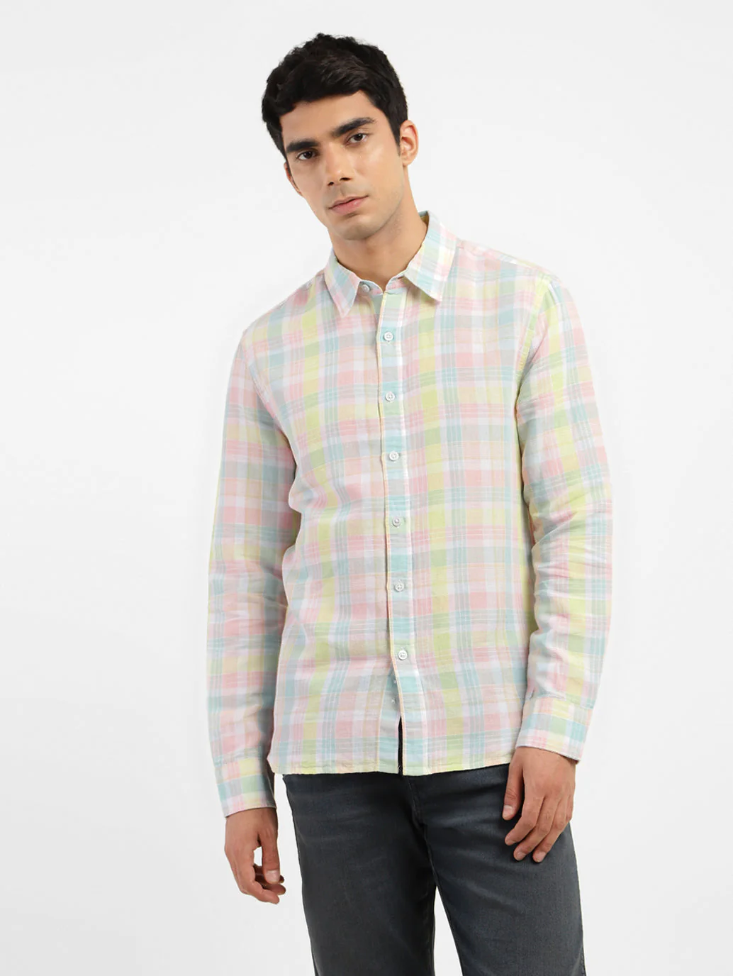 Men's Checkered Spread Collar Linen Shirt